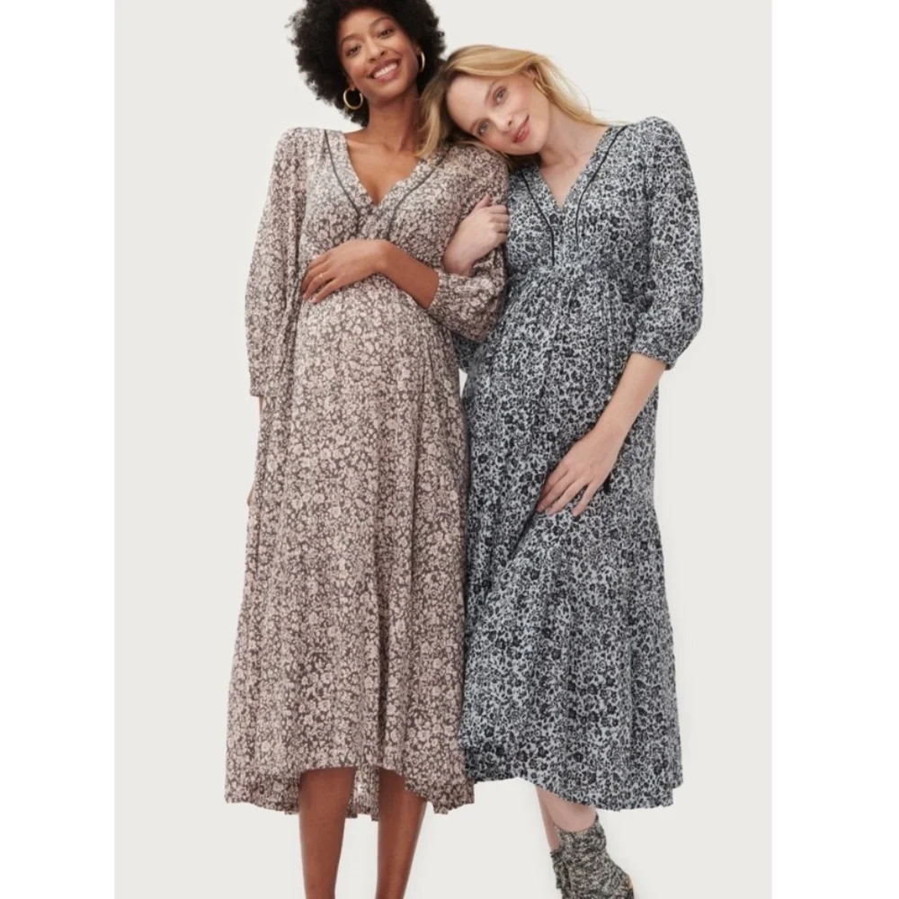 Hatch Maternity Aria Dress Slate/Peach Floral Midi Length 100% cotton Size small